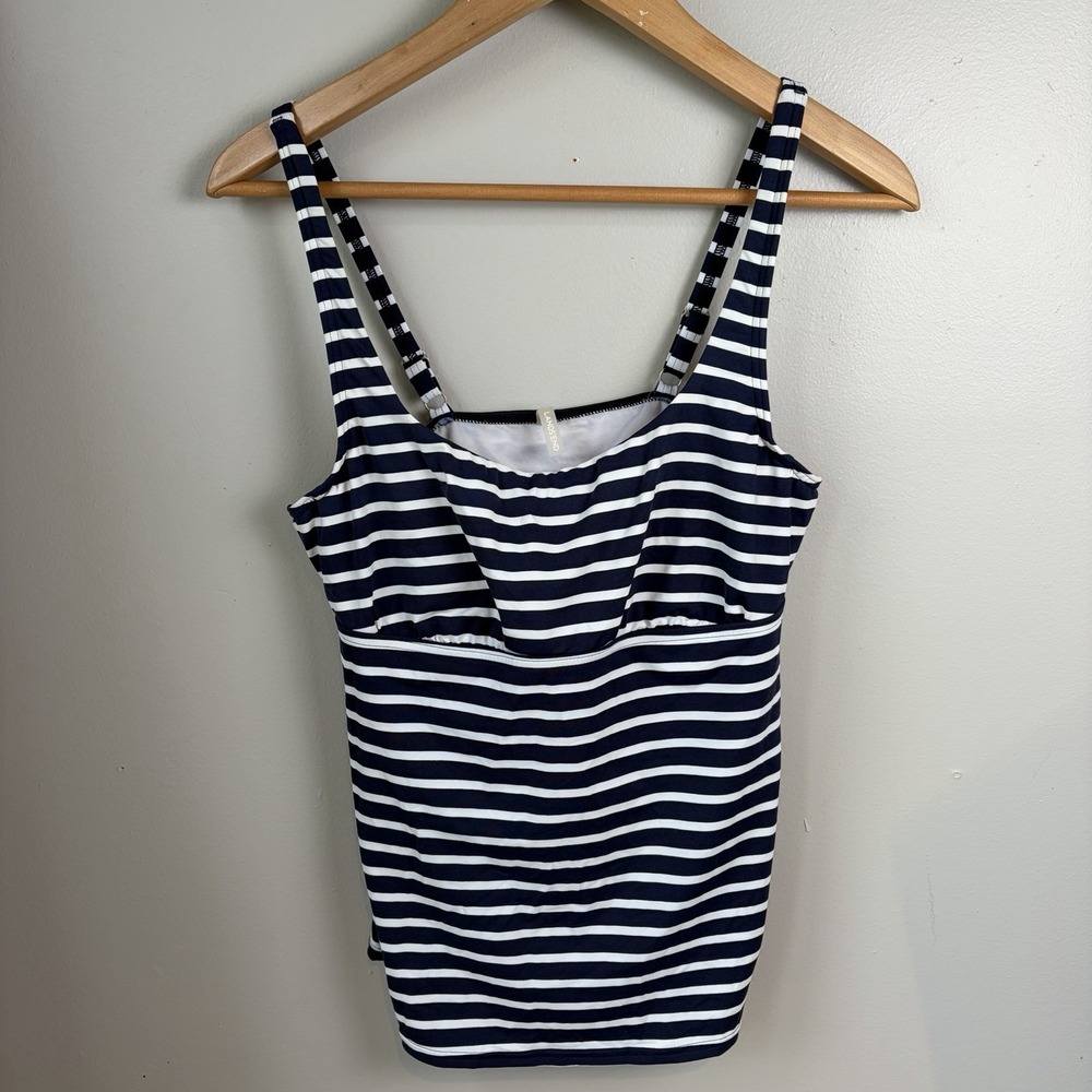Lands End Swim TANKINI TOP Womens Sz 10 Navy Blue White Stripe Underwire Padded